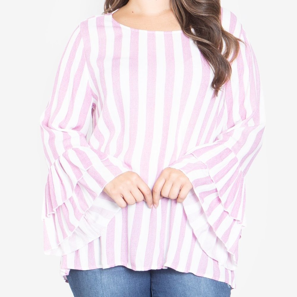 Brand New Stylish Lightweight Lavender White Stripes Bell Sleeve Blouse - 3XL